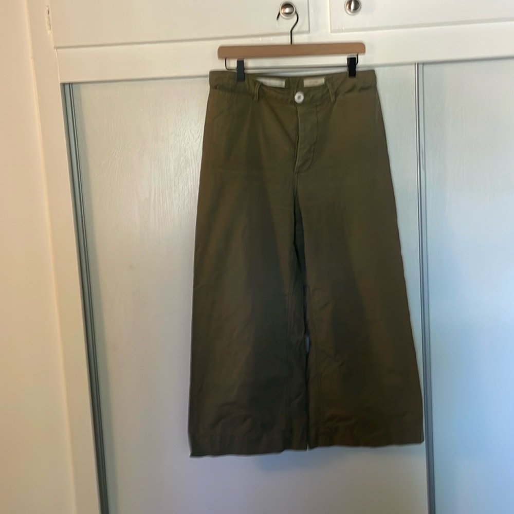 Olive green wide leg cropped trousers, Anthropologie